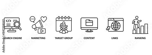 Banner SEM search engine marketing vector illustration concept with keywords and icons