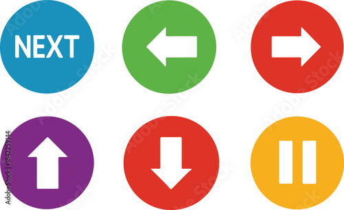 Colorful Circular Icons with Arrows and Text Keywords: next button, left arrow, right arrow, up arrow, down arrow, pause symbol, blue circle, green