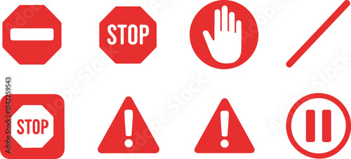 Red Stop and Warning Signs with Hand and Pause Symbols on White Background danger prohibition