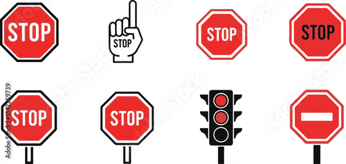 Red stop signs and traffic light with hand gesture and no entry symbol red sign