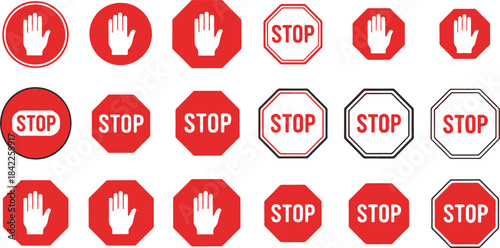 Red stop signs prohibition signs and open palm hand icons in a grid Keywords: stop sign, prohibition sign, no entry sign, hand, open palm, hand
