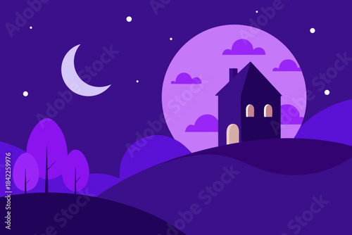 Spooky halloween illustration of a haunted house on a hill at night with a silhouette of a castle, bats, and a moon in the dark sky