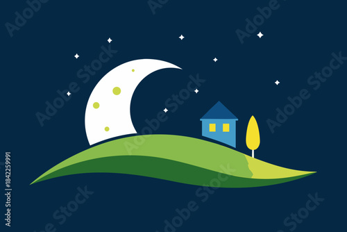 A cartoon vector illustration of a quiet house on a hill at night under a starry sky with a bright moon and silhouette trees in a peaceful mountain landscape scene