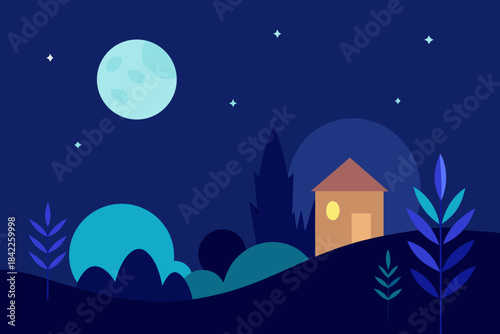 Christmas night landscape in the city or village with dark sky, stars, moon, and light shining from house windows and building roofs, vector cartoon illustration