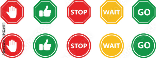 Set of Traffic Control Signs with Stop Wait Go and Hand Gestures Keywords: stop sign, wait sign, go sign, hand gesture, thumbs up, red, green