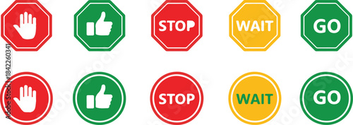 Stop Wait Go and Thumbs Up Icons in Red Green and Yellow with White Background Keywords: stop, wait, go, thumbs up, hand, gesture, signal, icon