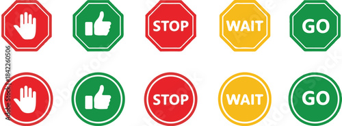 Traffic Control Icons Stop Wait Go Hand and Thumbs Up Symbols Keywords: stop sign, wait sign, go sign, hand gesture, thumbs up, red, green, yellow