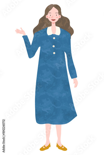 笑顔で案内する女性（※aiデータでは、カラーの一部にオリジナルの水彩テクスチャのパターン（スウォッチ登録あり）を使用）