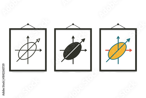 Mathematical Art Gallery. Gallery wall displaying mathematical artworks based on eigenvector shapes and axes, first in line style
