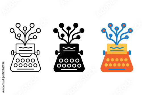 Neural Writing Fusion. Abstract fusion of typewriter keys and neural connections symbolizing mental writing, first in line style