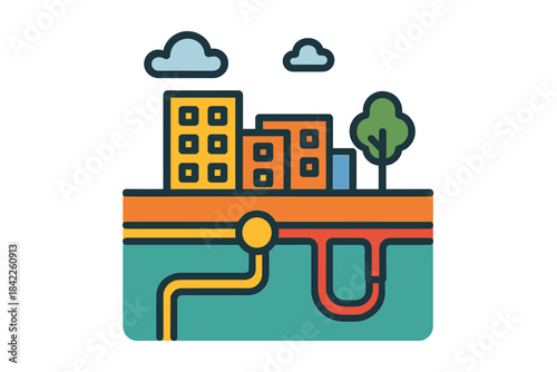 Layered City Infrastructure Icon. Flat style icon of layered city blocks showing underground infrastructure, bright colors,