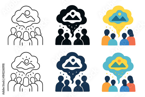 Mystical Vision Gathering. People standing around a luminous fog forming a shared vision, mystical event representation, clean