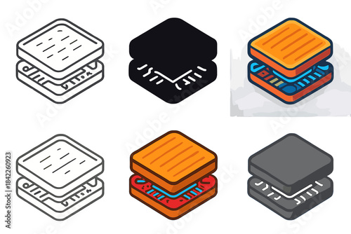 Futuristic Memory Sandwich. Toasted sandwich with neon memory chip filling, futuristic snack, geometric minimal vector, first in