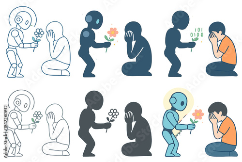 Compassionate Robotic Gesture. Robot with soft glowing aura offering digital flowers to a grieving human, gentle minimal vector