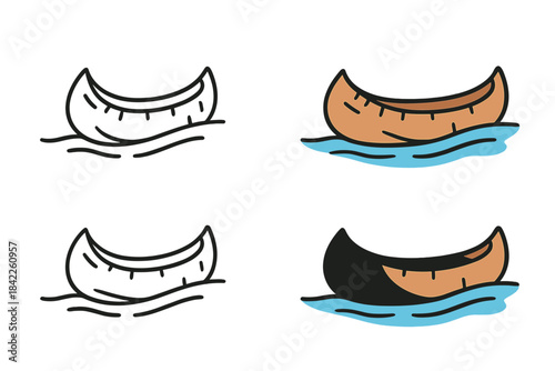 Birch Bark Canoe. Curved birch bark canoe resting on shore, clean minimal vector design, abstract natural icon, first in line