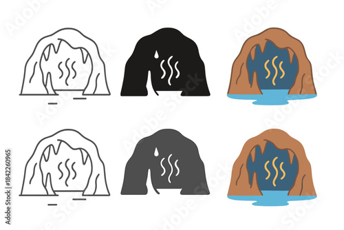 Ethereal Cave Vibrations. Ancient cave with ethereal sound vibrations bouncing off walls, abstract minimal vector illustration,