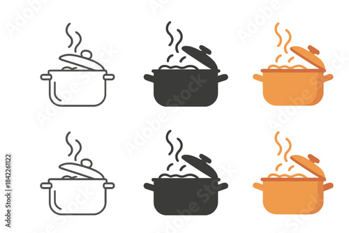 Copper Pot Variations. Side view of copper pot with lid slightly ajar and simmering contents, abstract minimal vector design,