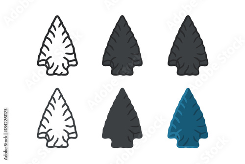 Volcanic Glass Arrowhead. Dark volcanic glass arrowhead with flaked surface and pointed tip, clean minimal vector icon, first in