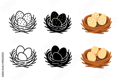 Finch Eggs Artistry. Nest of twigs containing three tiny speckled finch eggs, abstract minimal vector design, first in line style