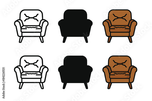 Vintage Chair Styles. Vintage leather armchair with creased seat and backrest, clean geometric minimal icon, first in line style