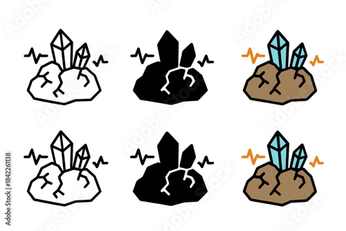 Quartz Crystal Icon Series. Rock fissure with quartz crystals and animated pulse lines, simple minimal vector icon, first in line
