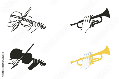 Instrumental Hands Harmony. Transparent hands and limbs playing string and wind instruments, simple minimalist vector illustration