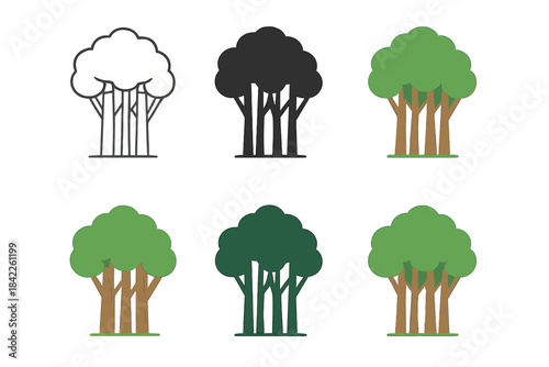 Vibrant Beech Forest Icons. Tall beech trees forming a dense forest with visible trunks and canopy, minimal vector icon, first in