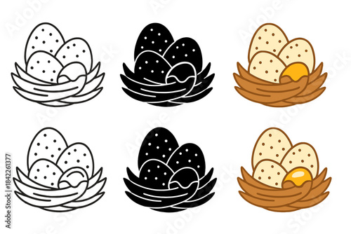 Quail Nest Icons. Quail nest icon with one egg slightly cracked to reveal soft yolk, symbolic of natural nourishment, first in