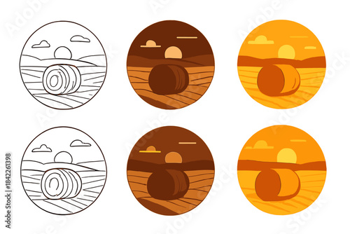 Evening Hayfield Symmetry. Round hay bale resting in golden field beneath low evening sun, soft horizon lines and calm rural