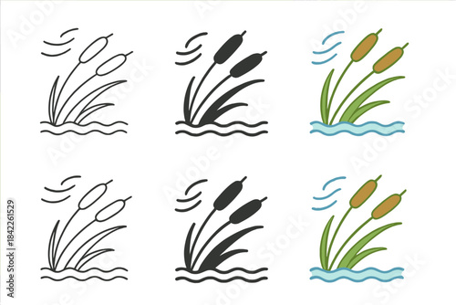 Gentle Wind Over Water. Wind bending cattails slightly over rippled water, minimalist depiction of motion and calm coexistence,