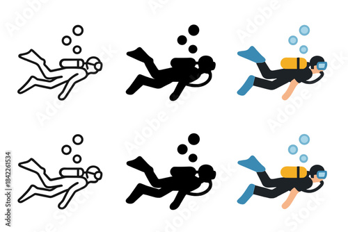 Diver Icon Collection. Diver silhouette with oxygen tank and flippers surrounded by bubbles, simple vector icons, first in line