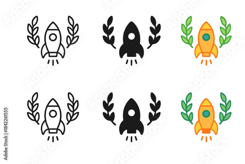 Leaf-Crowned Rocket Icon. Leaf crown floating above a small rocket silhouette ready for launch, symbolic clean vector icon series,