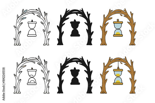 Intertwined Branch Gate. Gate made of intertwined branches forming an arch with an hourglass suspended in the center, simple clean