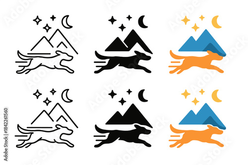 Dog Trail Mountains. Running dog leaving a trail that transforms into mountains under a starry sky, simple minimalist vector icons