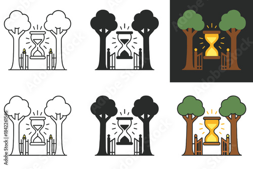 Mystical Forest Portal. Open forest gate leading to a glowing hourglass suspended between two trees, minimal vector composition,