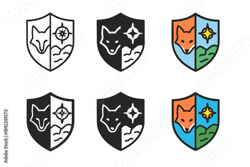 Shield Emblem Variations. Shield split into segments showing fox emblem on one side and a compass map on the other, simple