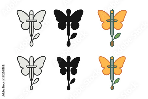 Symbolic Sword-Seed Icons. Sword crossed with a stem ending in a seed and topped with butterfly wings, minimalist symbolic icons,