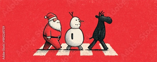 Cartoon of Santa, the Snowman, and a Reindeer crossing a crosswalk in a festive winter scene