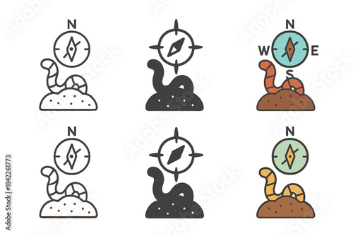 Minimalist Nature Emblem. Worm Soil Compass, minimalist nature emblem representing direction, patience, and grounded exploration,