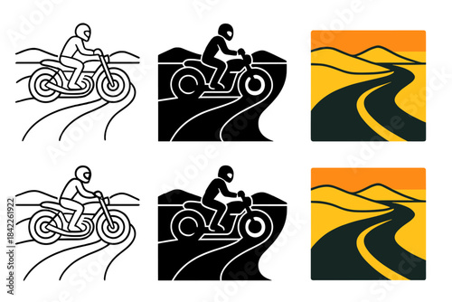 Desert Road Artistry. Motorcycle Desert Road, stylized composition merging tire curves, dune shapes, and strong horizon lines,