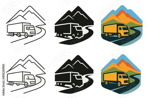 Mountain Truck Journey. Truck Road Mountain, stylized composition merging truck silhouette, curving path, and layered mountain