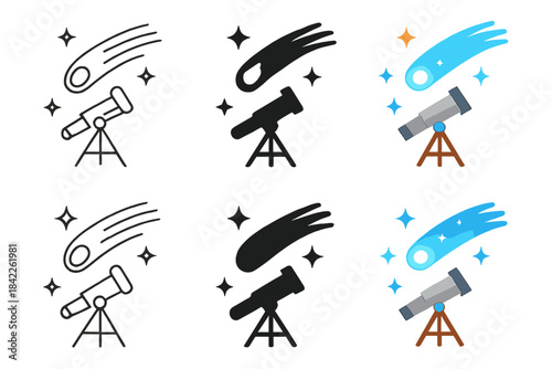 Telescope and Glowing Comet. Telescope pointed toward a glowing comet tail, stars scattered in background, first in line style