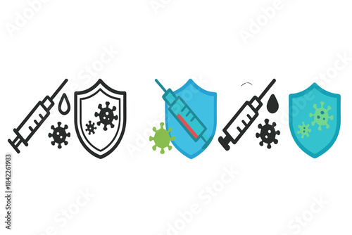 Syringe Icon Variations. Syringe icon with drop forming shield symbol, microscopic virus silhouettes fading away, first in line