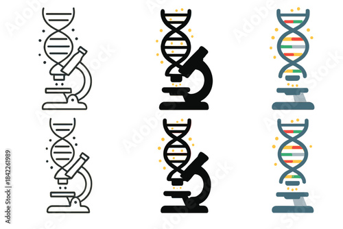 DNA Evolution Display. DNA helix emerging from microscope lens, glowing base pairs, first in line style with thin outline, second