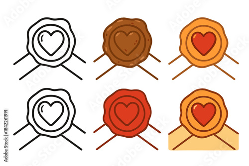 Heart Stamp Styles. Heart-shaped stamp pressed onto envelope flap, wax texture accent, first in line style with thin outline,