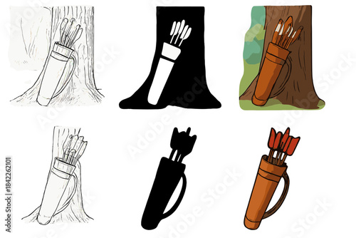 Colorful Quiver Styles. Leather quiver filled with arrows resting against tree trunk, soft forest backdrop, first in line style