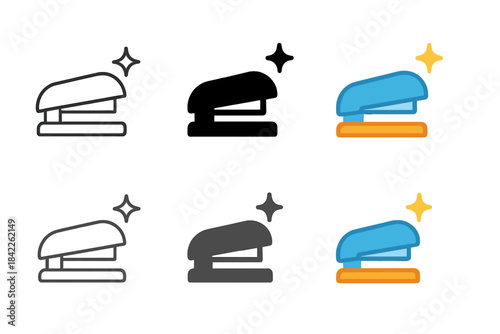 Stylized Stapler Icons. Stapler icon with small sparkle mark showing fresh staple click, neat composition, first in line style