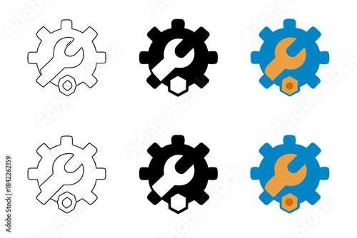 Mechanical Gear Designs. Gear wheel with wrench silhouette inside and bolt forming hub, clean mechanical design, first in line