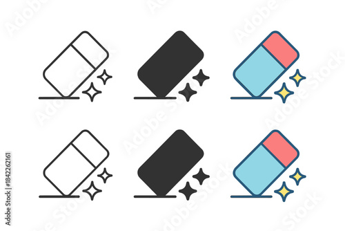 Eraser Icons Evolution. Eraser icon with sparkle effect showing correction and cleanliness, simple clarity, first in line style
