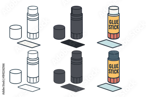 Glue Styles Showcase. Glue stick cap clicked open with paper strip aligned for gluing, geometric clarity, first in line style with